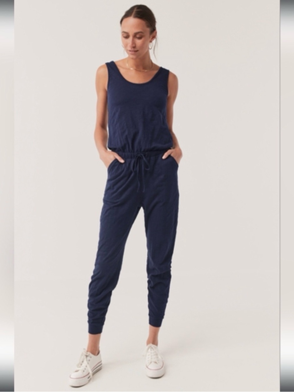 Pact Sleeveless Navy Jumpsuit with Drawstring Waist